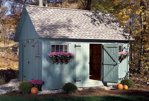 Classic gable roof shed with double doors and windows